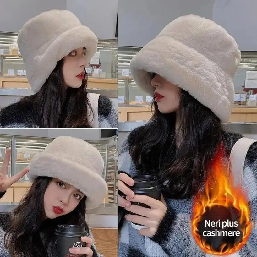 1 Pcs Korean Version Fashionable Versatile Bucket Hat New Hat For Women In Winter New Warm Imitation Mink Fur Fisherman Hat