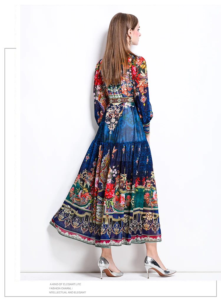 ZAROY Luxury Party A-line Chiffon Dress Vintage Baroque Print Elegant Lantern Sleeve Long Dress Fashion Boho Belt Beach Vestidos