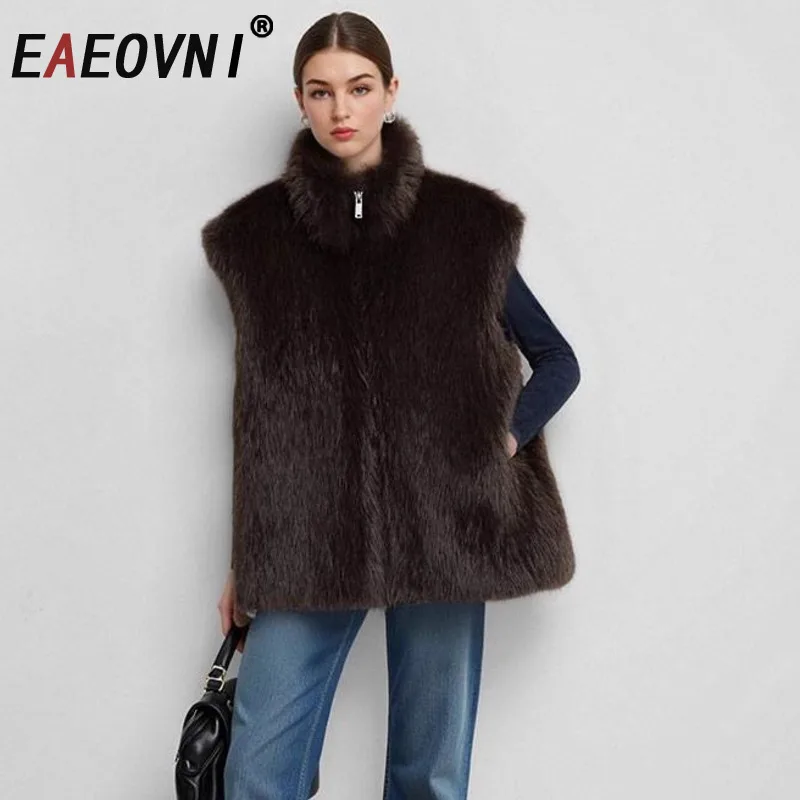 

EAEOVNI Vintage Fur Spliced Sleeveless Vest Coat Women Fashion Stand Collar Zipper Outerwear Jacket Autumn Winter New Clothing