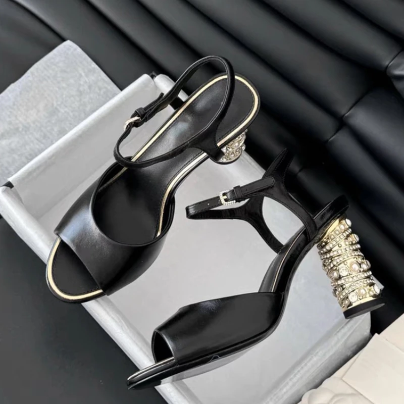 

Женские босоножки на высоком каблуке со стразами, летние модные вечерние модельные туфли на блочном каблуке с круглым носком из натуральной кожи и пряжкой