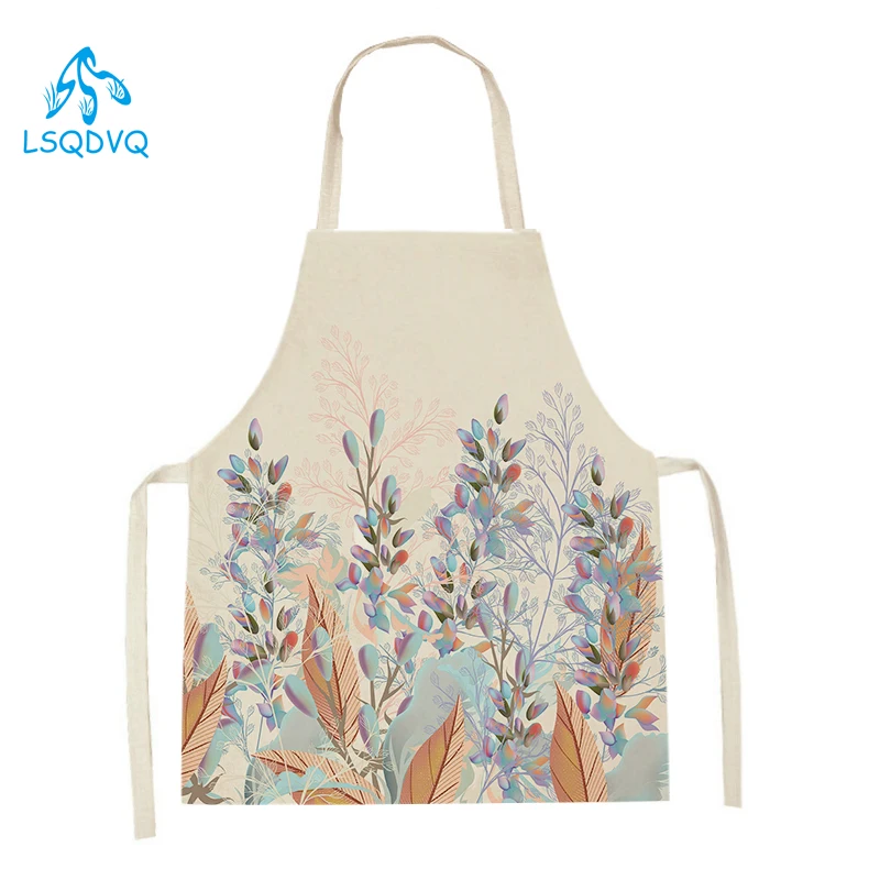 Floral Print Kitchen Aprons for Women Men Linen Bibs Household Cleaning Apron Home Cooking Baking Sleeveless Apron Delantal