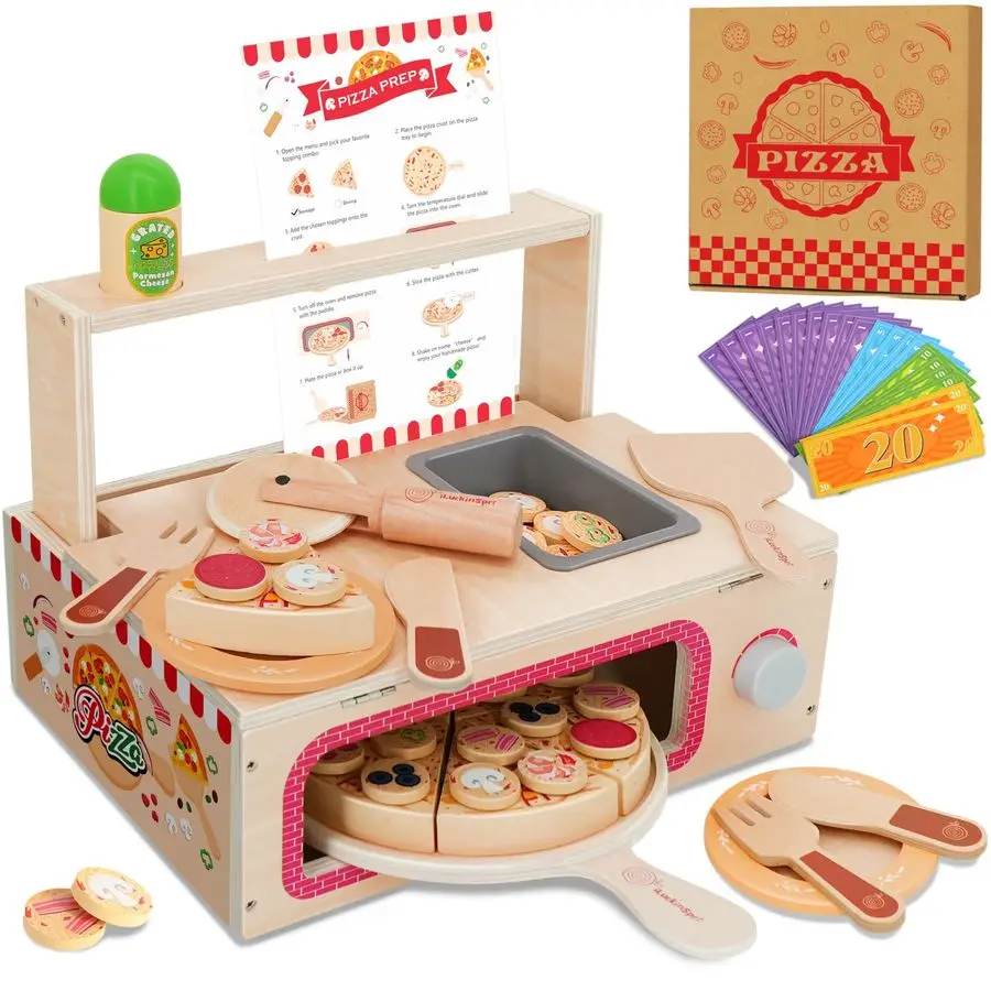 

Pizza Toy Set for Kids, 68PCS Montessori Pretend Play Food Toys, Wooden Pizza Counter Playset with Bake Oven amp Toy Dishes, Dev