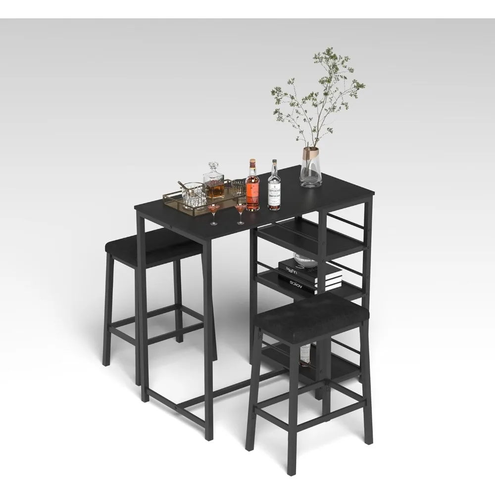 Ensemble de pub moderne 3 pièces à hauteur de comptoir avec 2 étagères de rangement et 2 tabourets de bar rembourrés en cuir PU, ensemble de table à manger pour 2 (B