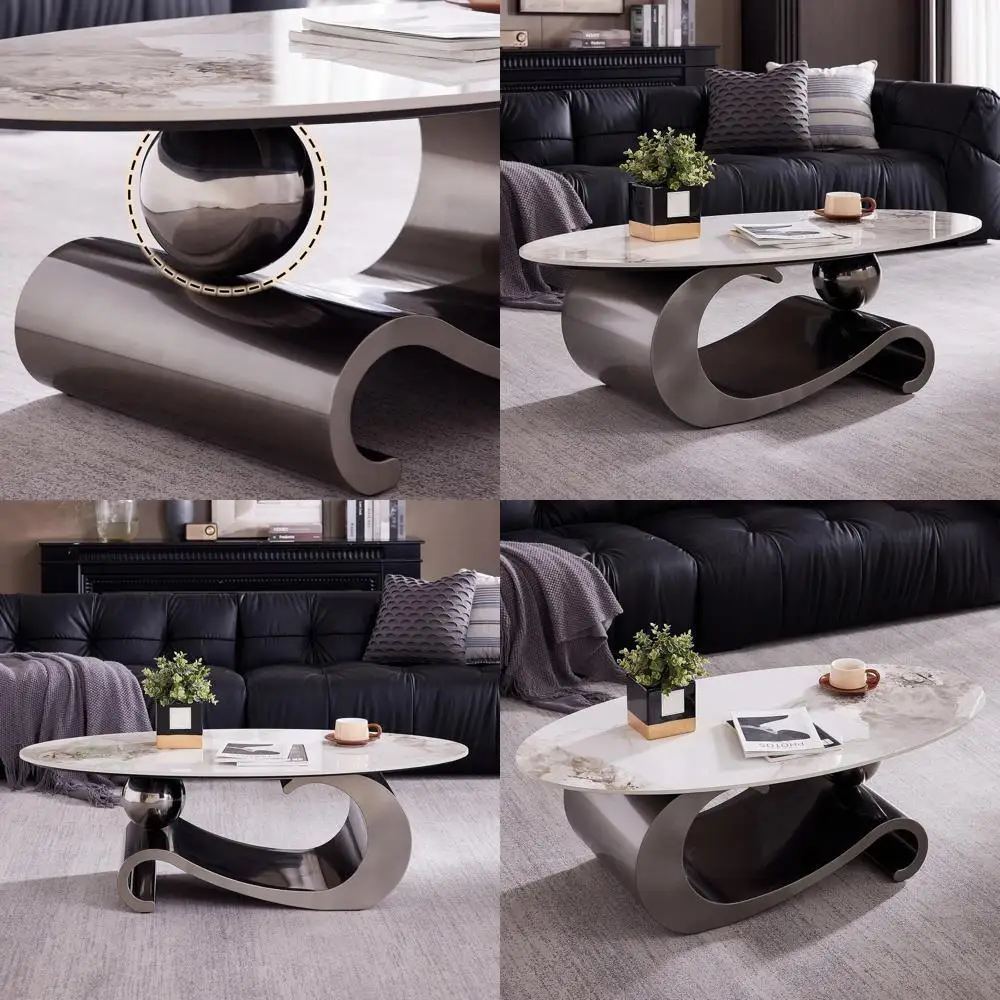 

Элегантный овальный мраморный журнальный столик 49.2 с прочной металлической основой - стильная мебель для гостиной | Серый, устойчивый к царапинам и легко моющийся.