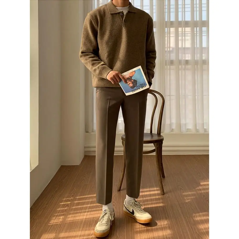 Autumn Pure Color  Collar Loose Fit Men's Knitwear Casual Versatile Korean Sle Hong Kong Faion Streetwear Sweater
