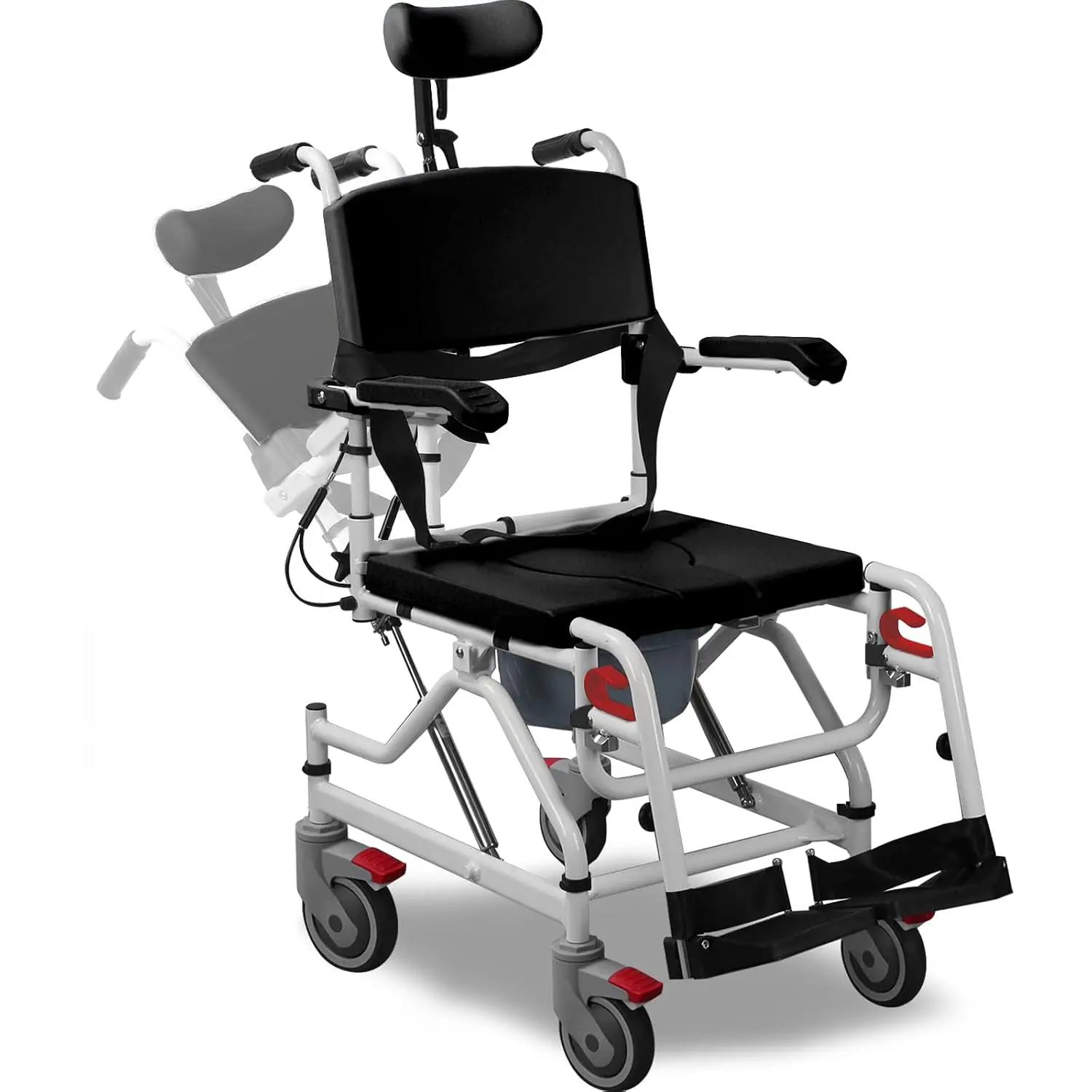 Reclining Rolling Shower Chair with Wheels, Shower Wheelchair for Elderly and Disabled, 4-in-1 Shower Commode Chair