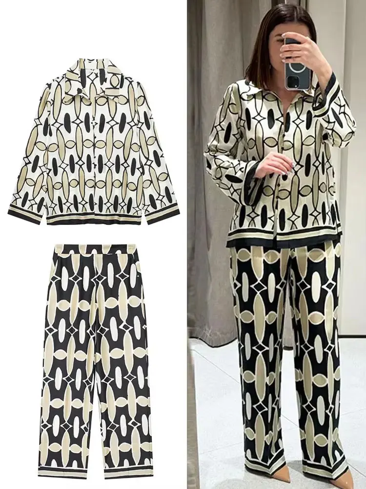 HH Women Fashion Geometric Printed Pants Suit Casual Lapel Single Breasted Shirt Loose Trousers Set 2024 Female Streetwear