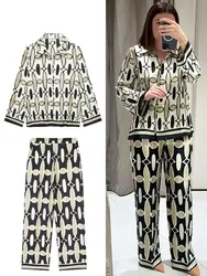 HH Women Fashion Geometric Printed Pants Suit Casual Lapel Single Breasted Shirt Loose Trousers Set 2024 Female Streetwear
