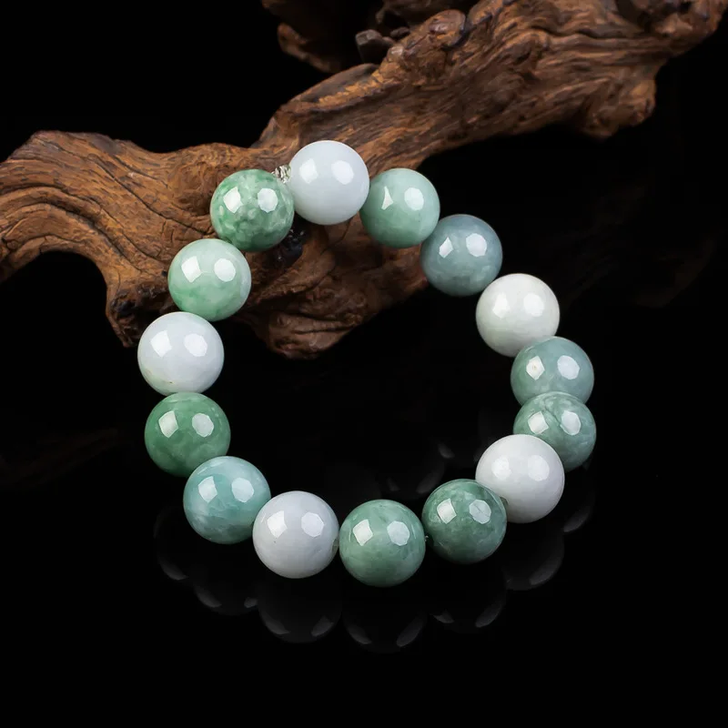 Natural Burmese 13mm Green White Bead Bracelet, Soft Jadeite for Men and Women, Jade Jewelry