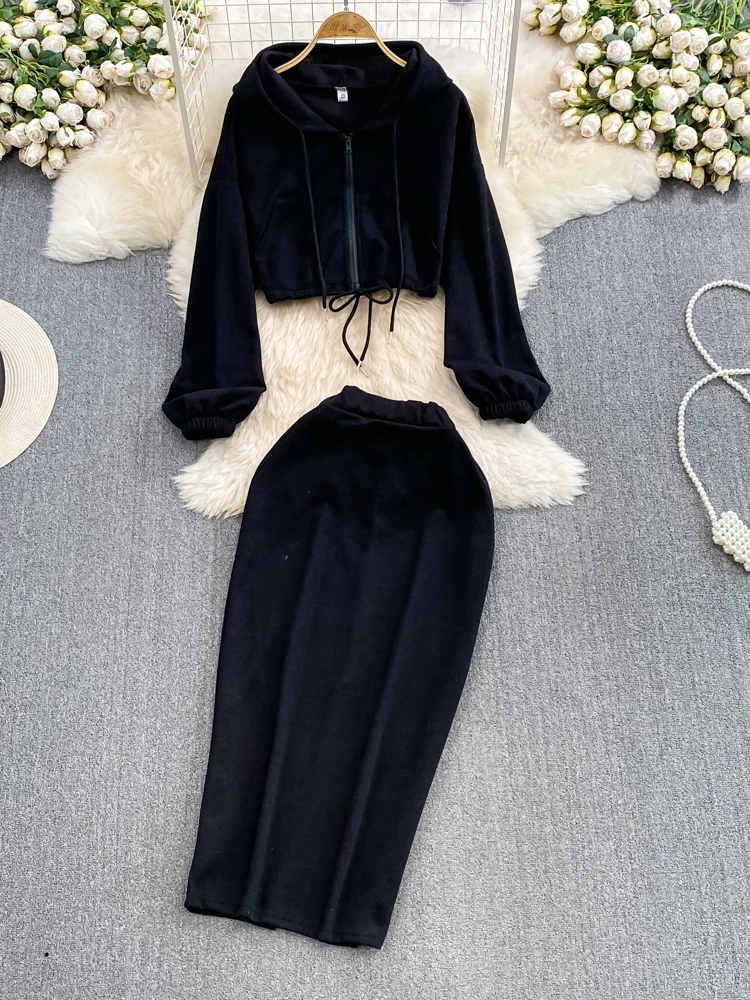 Moda versão coreana com zíper moletom com capuz cintura alta emagrecimento comprimento médio quadril abraçando saia simples elegante conjunto de 2 peças