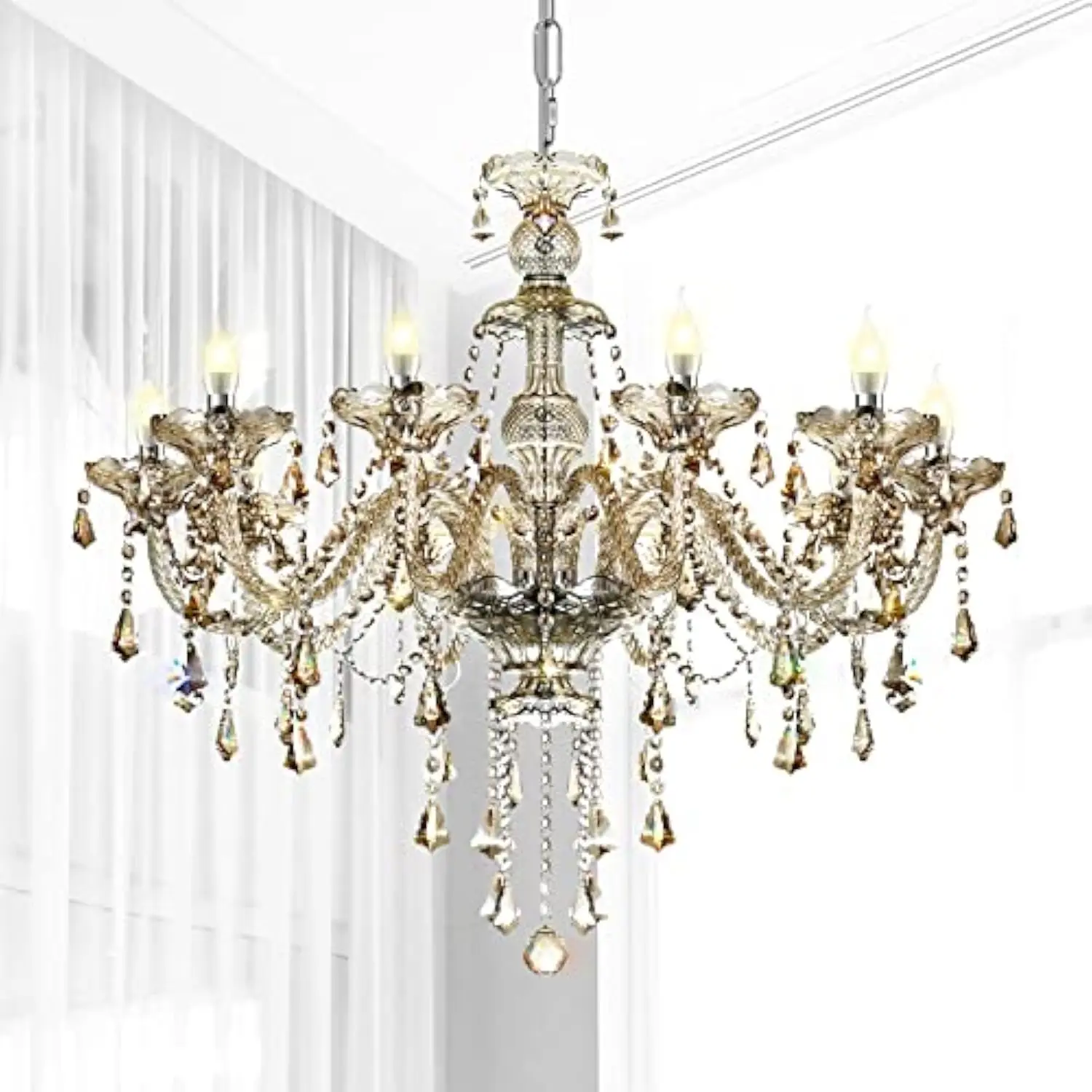 

10-light crystal chandelier cognac/champagne modern chandelier k9 crystal candle pendant ceiling lighting fixture, chandeliers