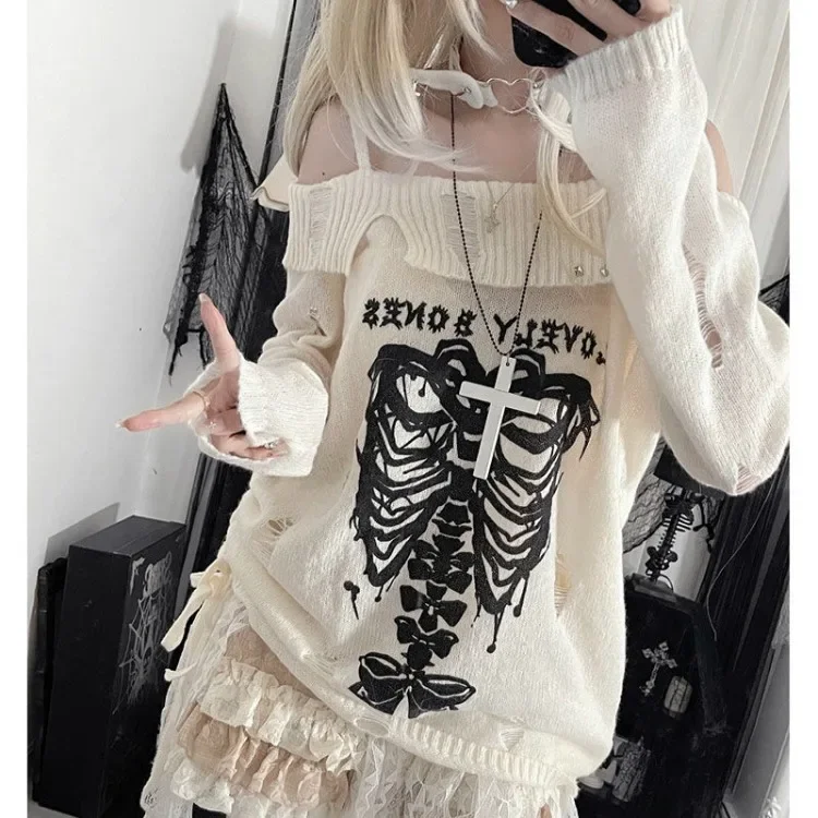 Off Shoulder Hole Sweaters Women 2025 Autumn New Sphenoid Print Tops  Y2k E-Girl Long Sleeve Hollow Out Pullovers