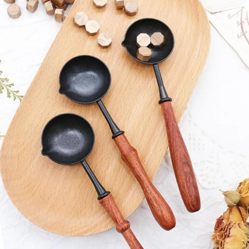 Sealing Wax Spoon Wood Handle Retro Wax Stamping Spoons Fire Paint Melting Spoons Firing Stamp Envelopes Wooden Card Metal Tool