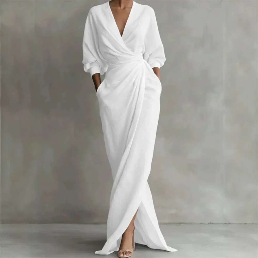 Neues Modisches Einfarbiges V-Ausschnitt Langarm-Kleid Herbst Damenkleid mit Geraffter Taille Geschlitztem Saum und Taschen Lässiges Urlaubskleid