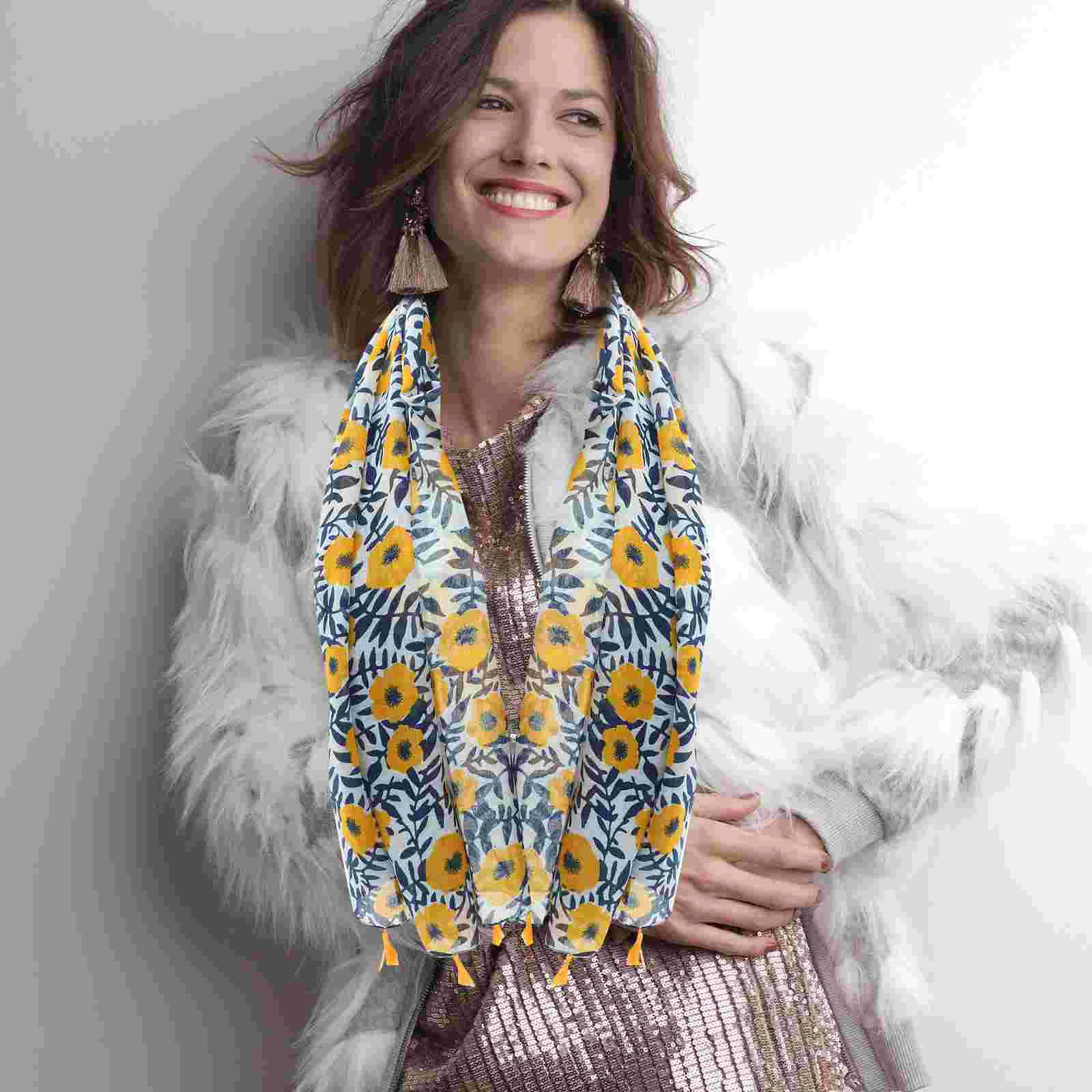 Vintage Bohemian Printed Silk Scarf Shawls Wraps for Women Cotton Linen Boho Miss Decor