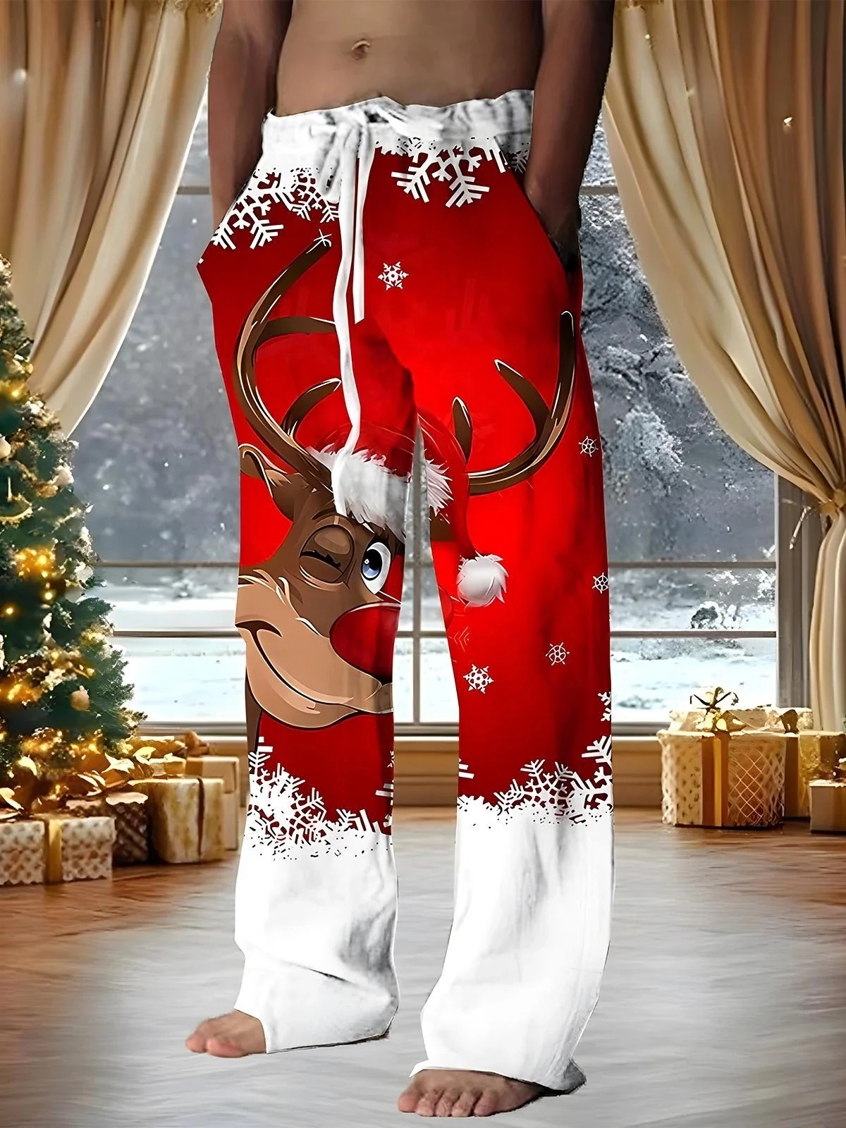 Pantalones de chándal informales de pierna ancha con cordón para hombre, ropa para el hogar, ropa de dormir, uso diario, Navidad, 3D, copo de nieve rojo, reno