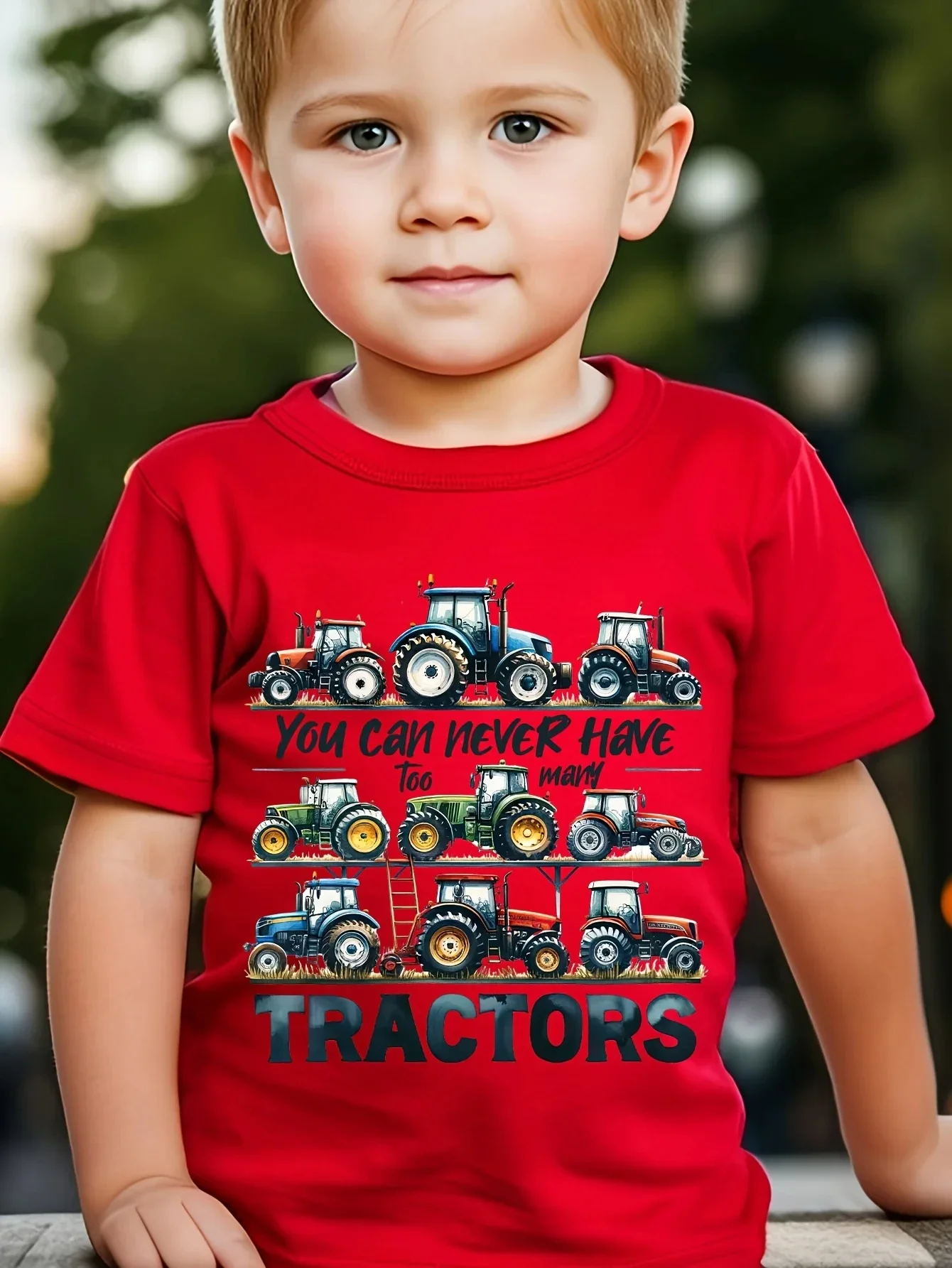 Summer Tractor Print Pattern Boys Girls Short Sleeved Children\'s T-shirt Round Neck Breathable Comfortable Casual T-shirt