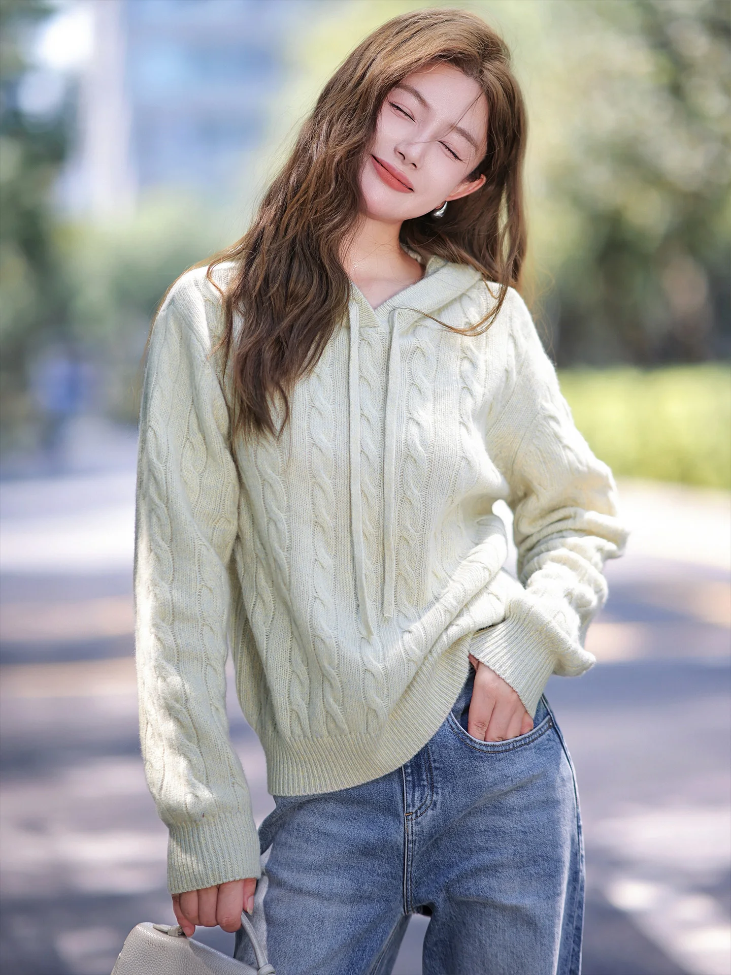 

ZhaodaXi 00 Wool Knitted Hat 2025 New Sle Long Sve Women's Sweater Soda Twist Knitting Dstring Casual Gentle Sle