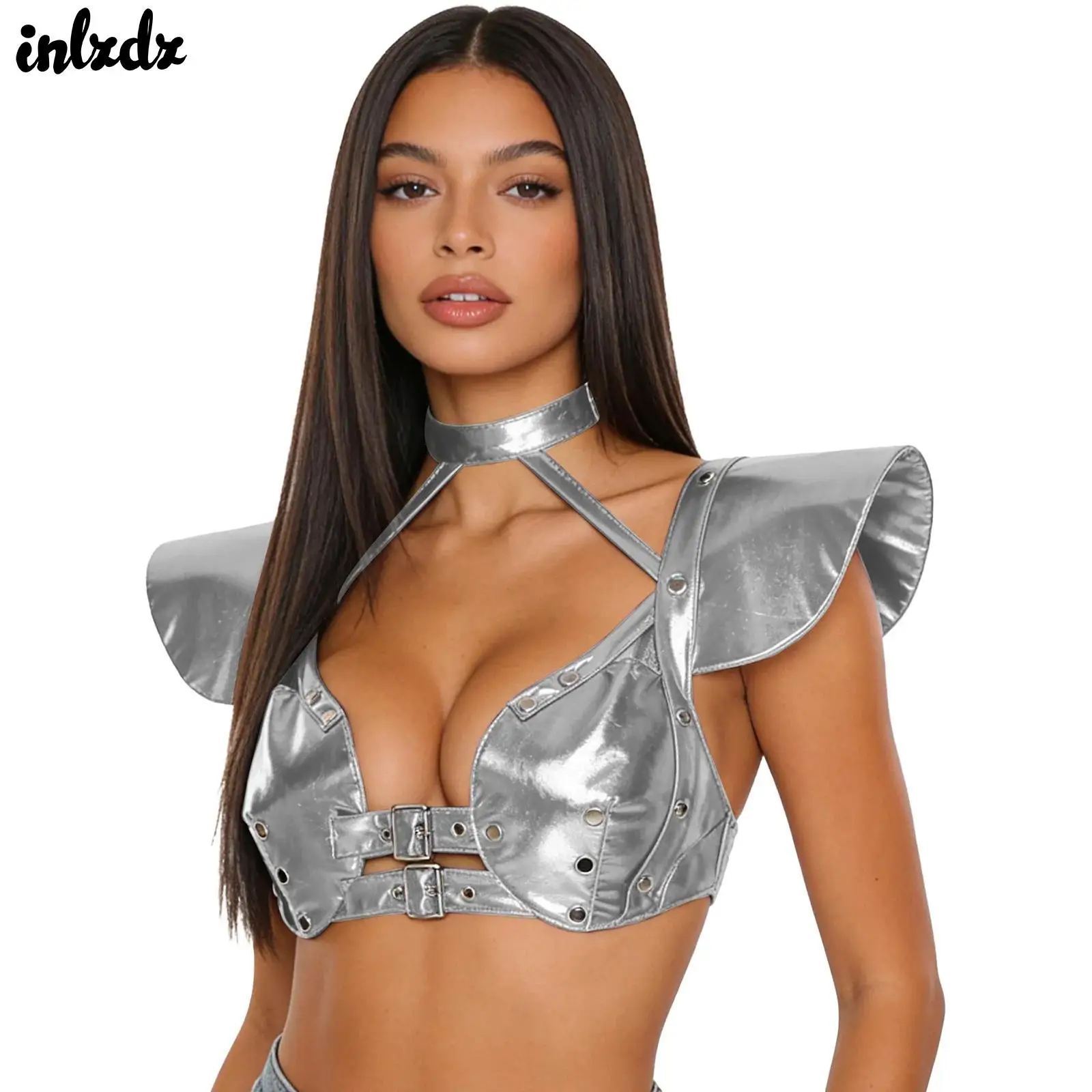 

Женский готический металлический блестящий топ-корсет с бретелями на шею, рукавами-крылышками и пряжками, в стиле космонавта, для клубной одежды