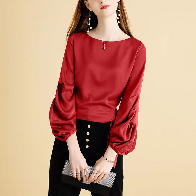 Fashion Bow Bandage Chiffon Shirt Women\'s Clothing 2024 Spring New Casual Long Lantern Sleeve Solid Color Blouses Female 4XL