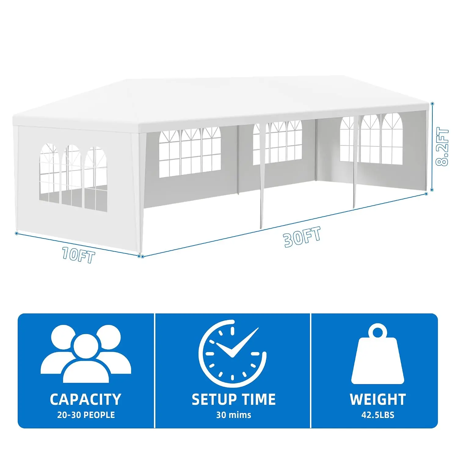 10x30 White Party Tent with 5 Sidewalls for Backyard Events, Customized