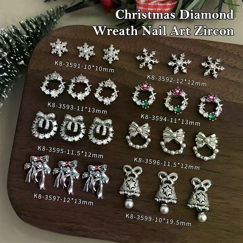 Natal prego zircão encantos luxo floco de neve floral grinalda, arco e sino árvore prego gem ornamento ano novo acessórios da arte do prego