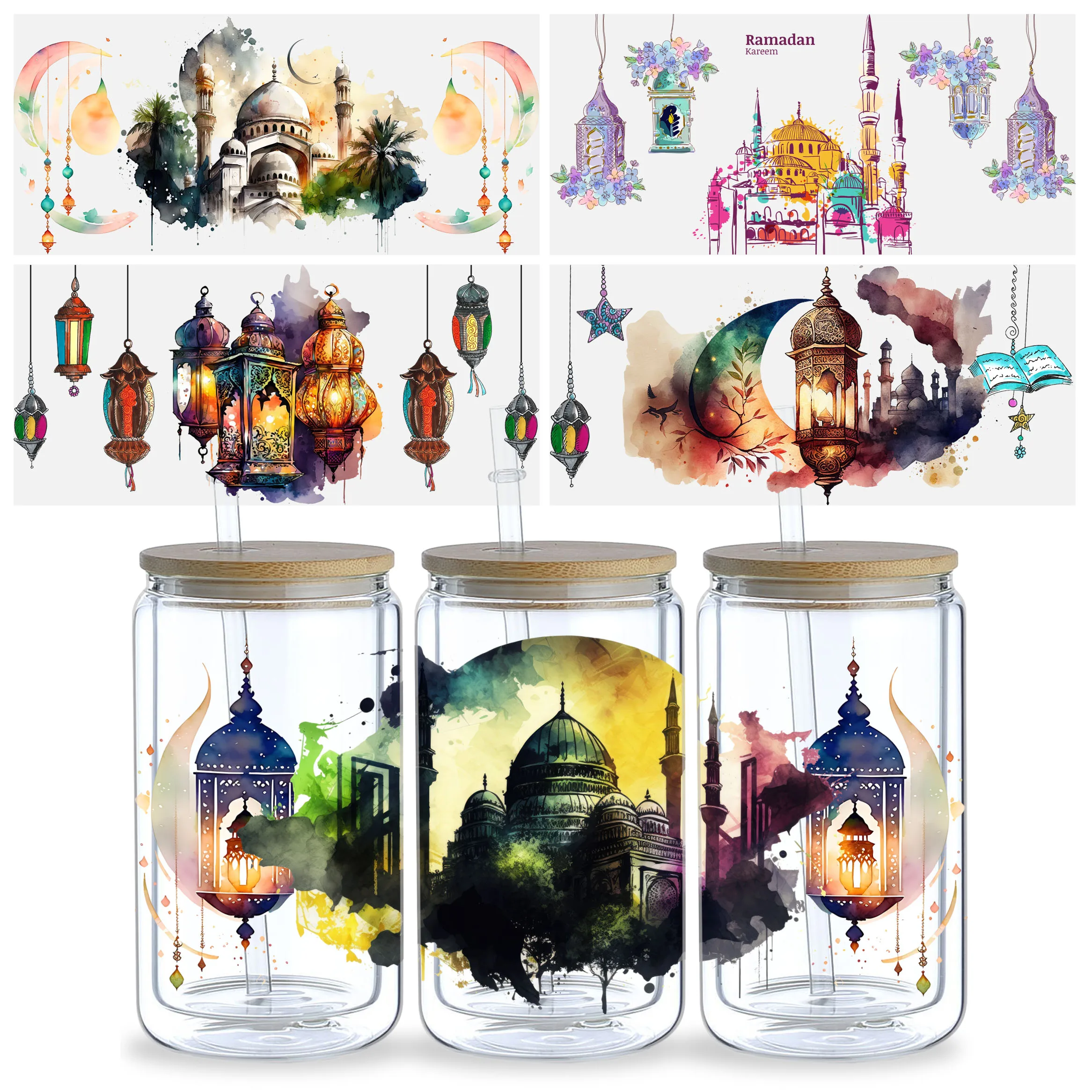 5 Sheets Islamic Ramadan UV DTF Cup Wrap,DTF Transfer Stickers for Glass Cup,Waterproof Ramadan Rub on Transfers for 16 oz Glass