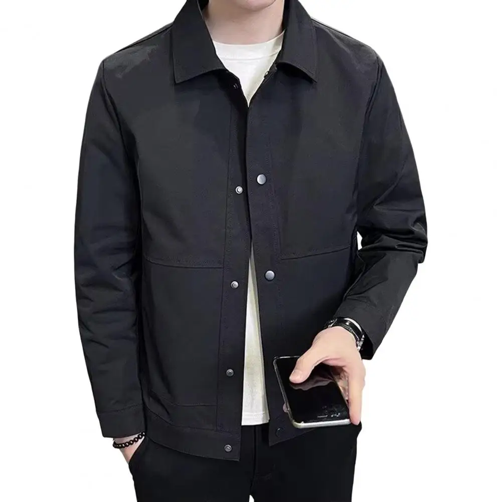 Men Jacket Lapel Long Sleeve Button Closure Jacket Coat with Side Pockets Spring Autumn Solid Color Casual Outwear