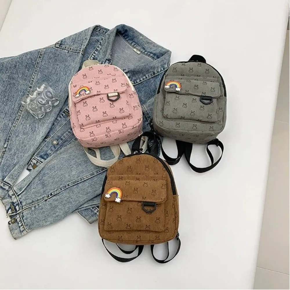 

Fashion Cartoon Printed Mini Backpack Corduroy Zipper Small Schoolbag Adjustable Shoulder Strap Women's Backpack Women