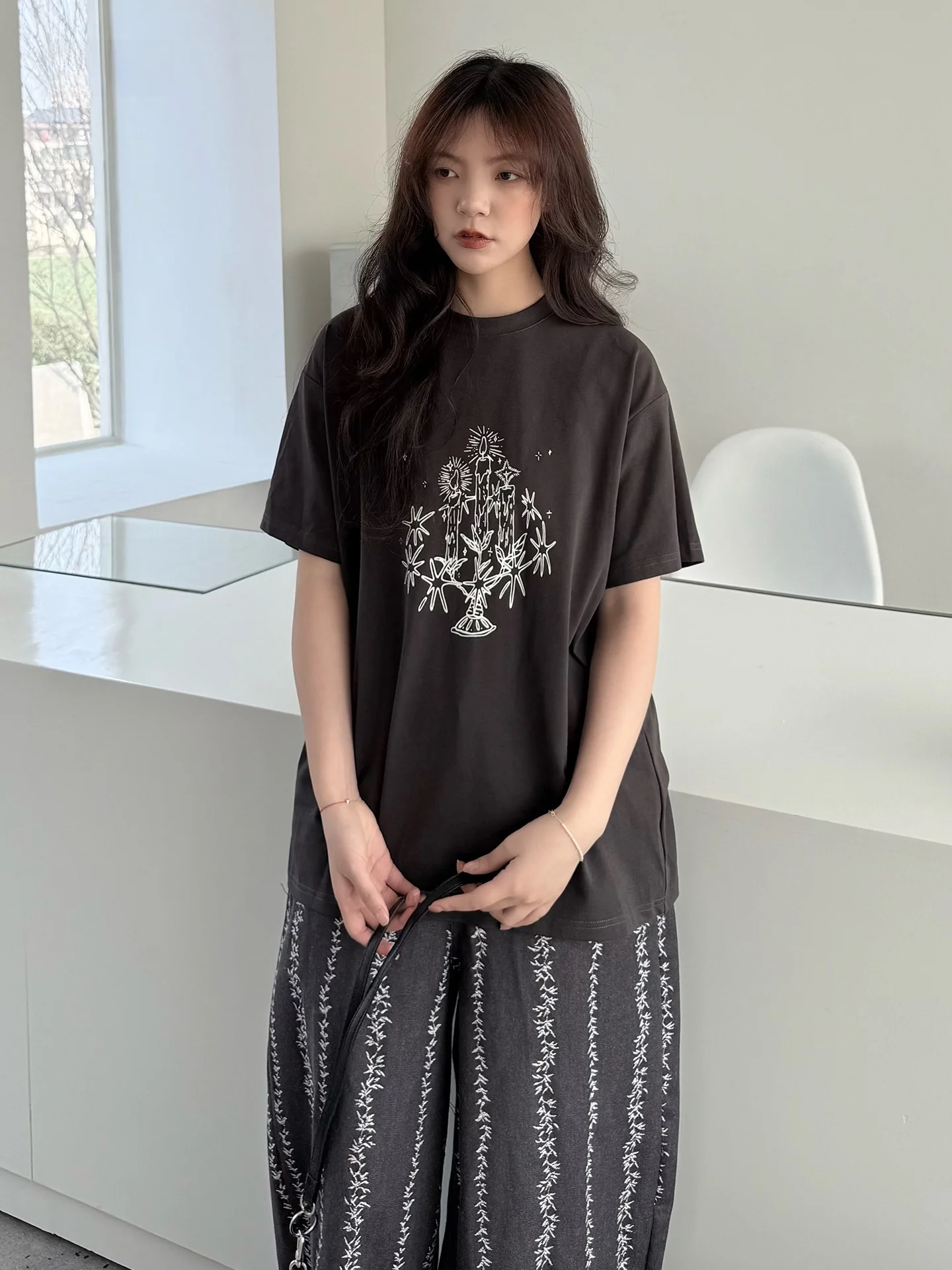 

Loose Summer Short Sleeve Women's T-shirt Candle Pattern Minimalist Star Print Cotton Polyester Blend