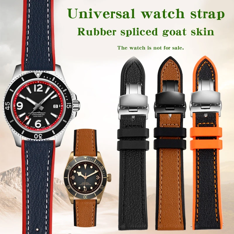 22 22mm Rubber Genuine Goat Leather Watch Band For Tudor Black Bay Heuer Men\'s Strap Accessory Universal Bracelet Waterpoof