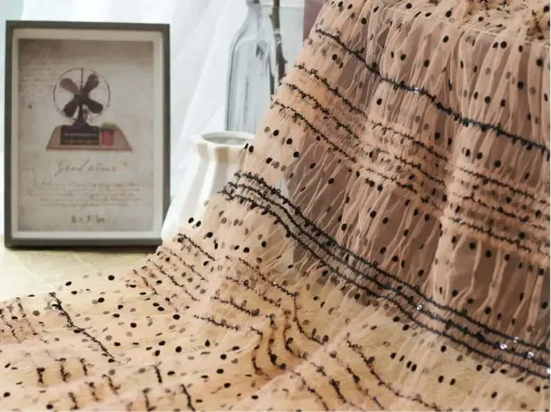 Tela de encaje flocado de lunares, blanco, negro, marrón, lentejuelas, tela de tul suave con volantes para niña, vestido tutú, boda, novia