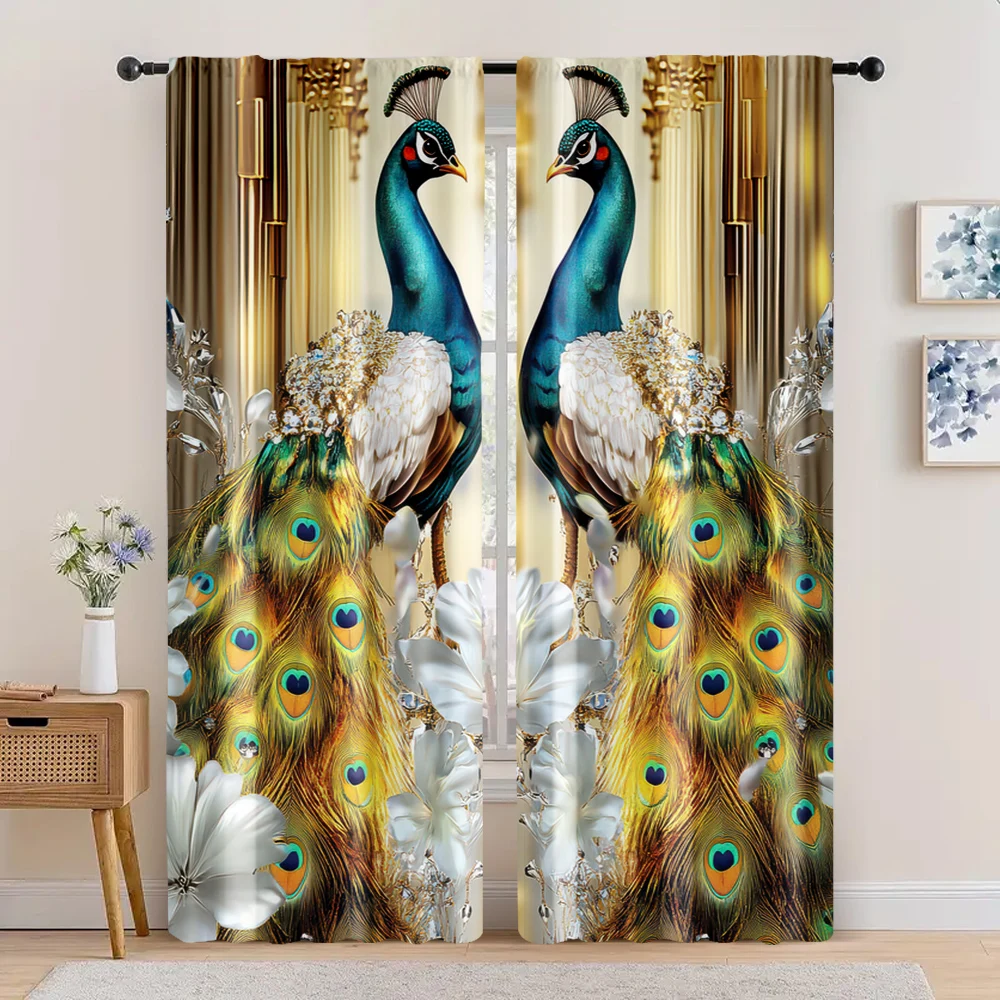 2pc, Curtains Peacock Curtain Beautiful Yellow Feather Peacock Flower Art Pattern Versatile 100% Polyester,Without Electricity