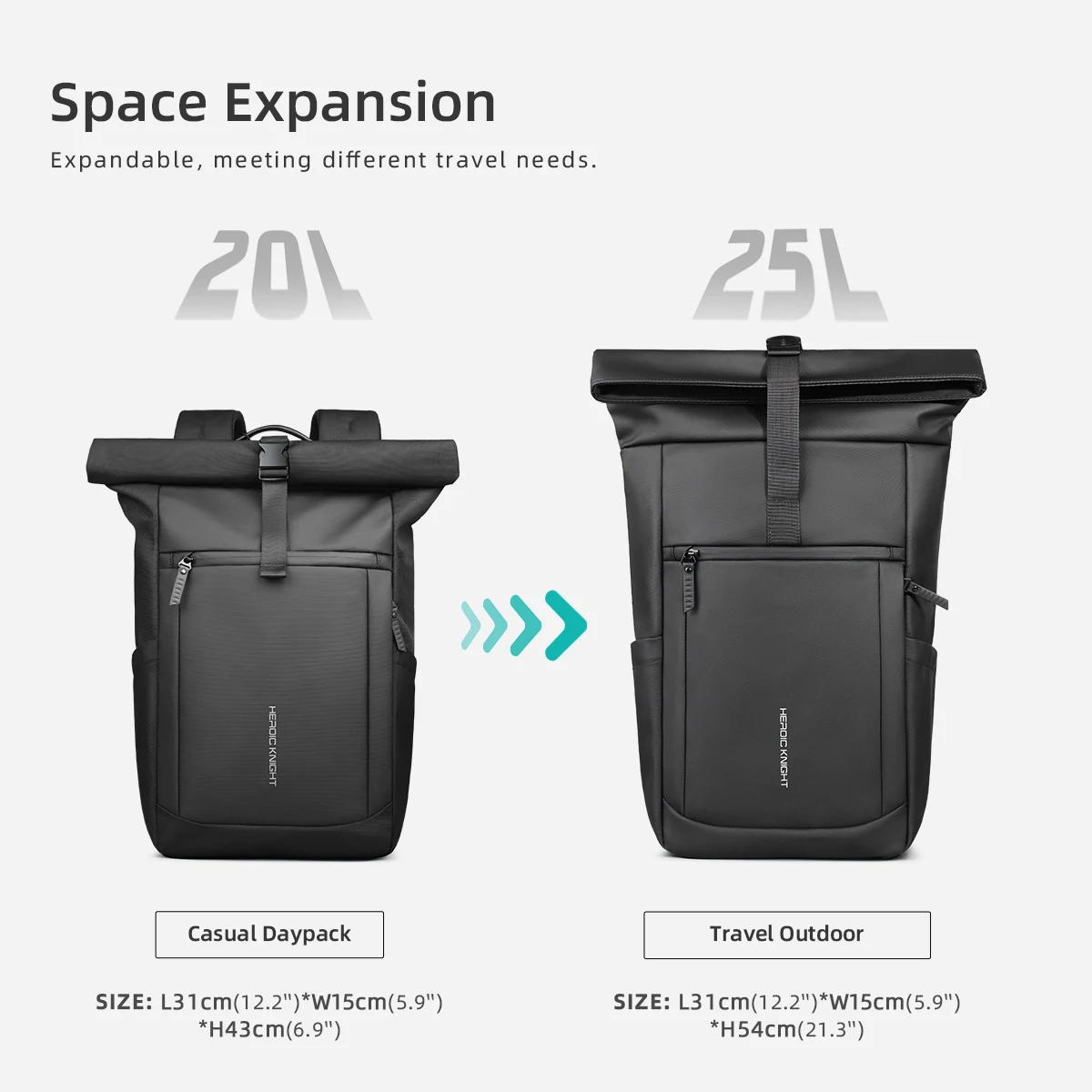 Mochila de viaje multifuncional HK para hombre, mochila grande enrollable para senderismo, impermeable, bolsa para ordenador portátil de 15,6 pulgadas, mochila deportiva para exteriores