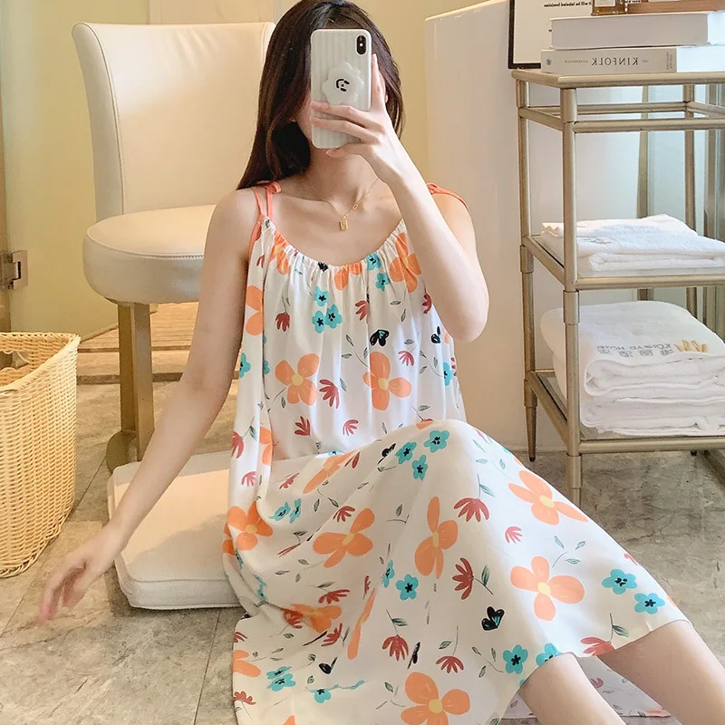 Schoolgirl Nightdress Cotton Silk Sling Outerwear Dress thin Night Gown Women Summer Dress