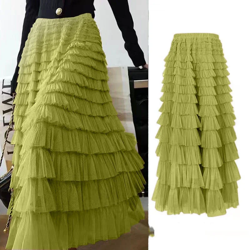 

Summer Spring Women’s Multilayer Ruffles Tulle Skirt Pleated High Waist Fluffy Maxi Skirt Fairy Cake Dress Long Tutu Party Skirt