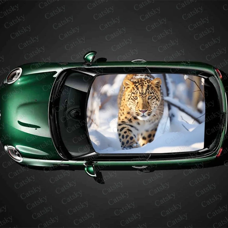 Leopard in Snow Car Roof Sticker Wrap Racing SUV Accessories Packaging Painted PVC Custom Car Graphic Decal