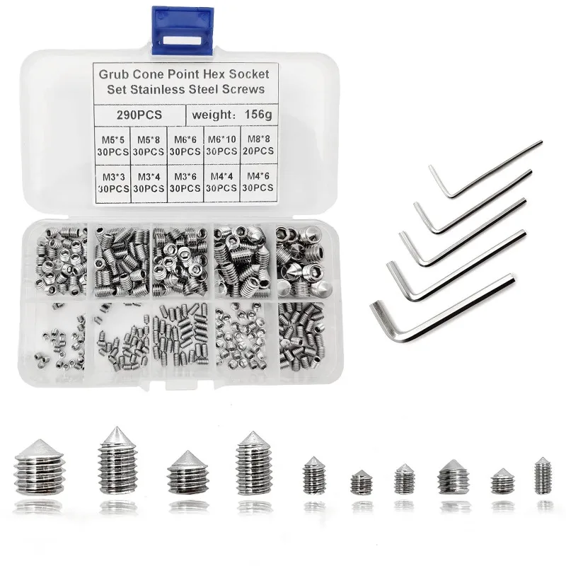 290Pcs Stainless Steel Allen Metric Threads Hexagon Socket Screw with Wrench M3 M4 M5 M6 M8 Cone Point Grub Screws Assorted