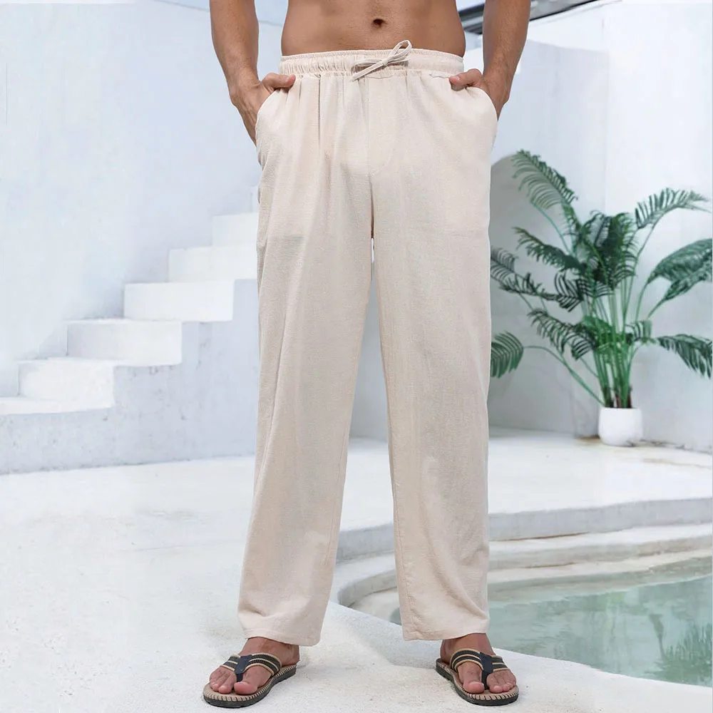 بنطال رجالي من القطن والكتان بأرجل مستقيمة وخفيف الوزن ومسامي، بنطال مريح على طراز الشاطئ بلون سادة، بنطال رياضي مريح غير رسمي