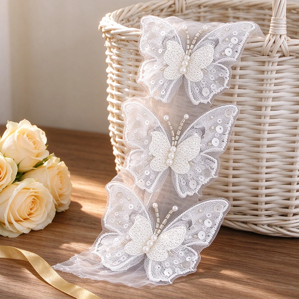 5pcs White Tulle Butterfly Embroidery Patch Hand Stitched Beaded Applique Bridal Gown Decor Sewing Scrapbook Accessories