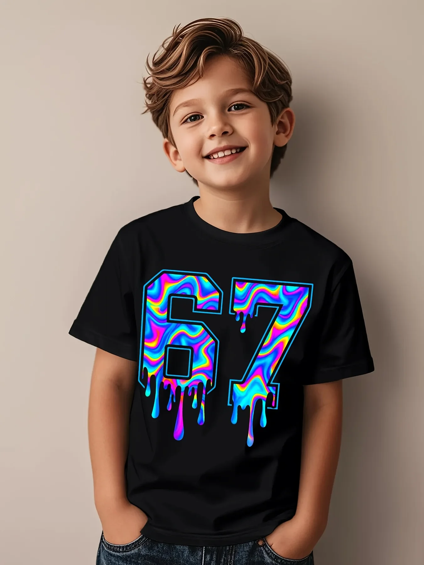

Number 67 Print Neon Glow Pattern T Shirt Boys Girls Fashion Birthday Party Outfits Fun Six Seven Trend Streetwear