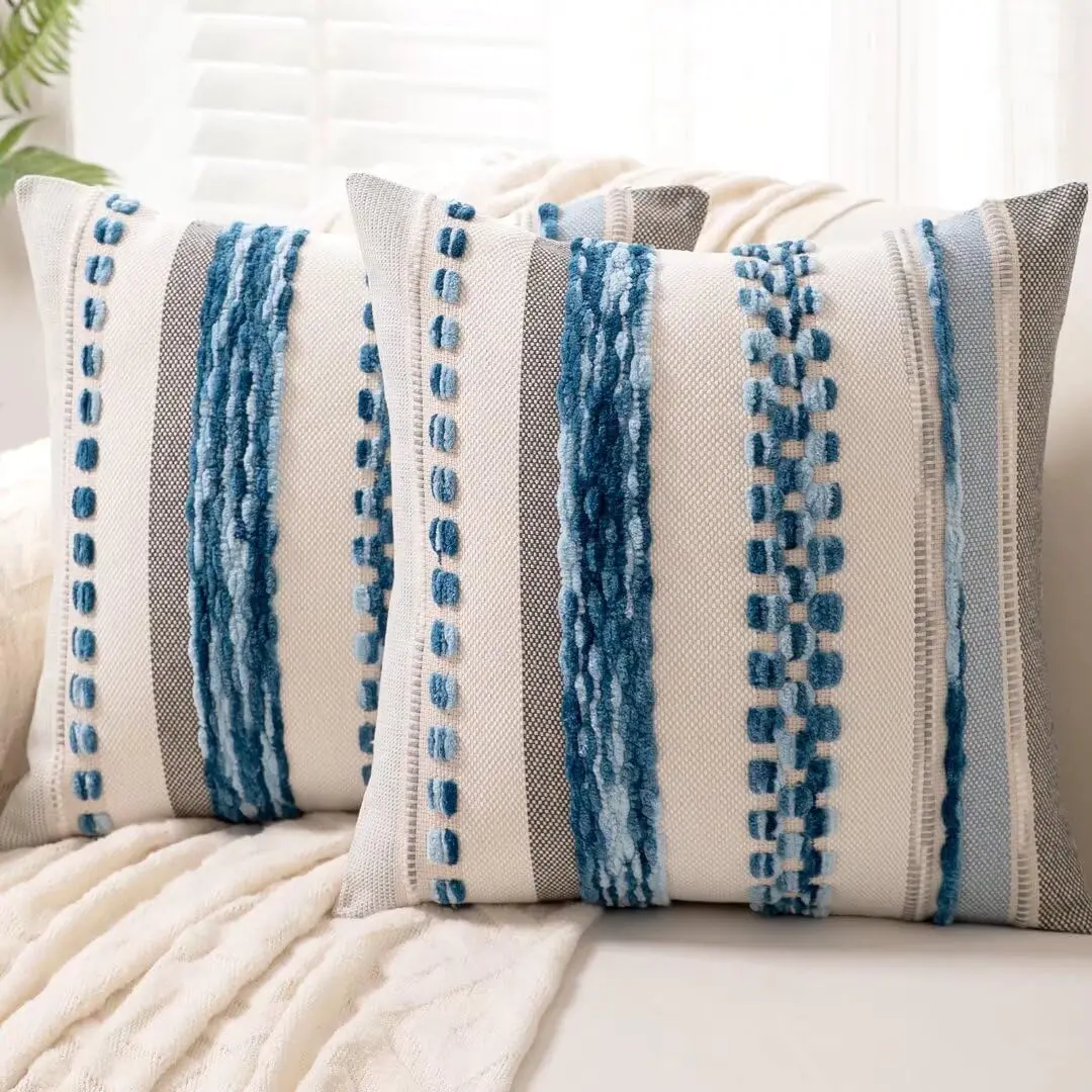 

Boho Throw Pillow Covers 18x18 Set of 2 Farmhouse Decorative Cushion Case Striped Square Pillows Cover Chenille Pillow Cases