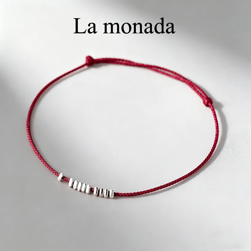 925 Sterling Silver Red Rope Bracelet 4mm Round Beads Triangle Beads Adjustable Red String Bracelet For Women Men Couple Jewelry