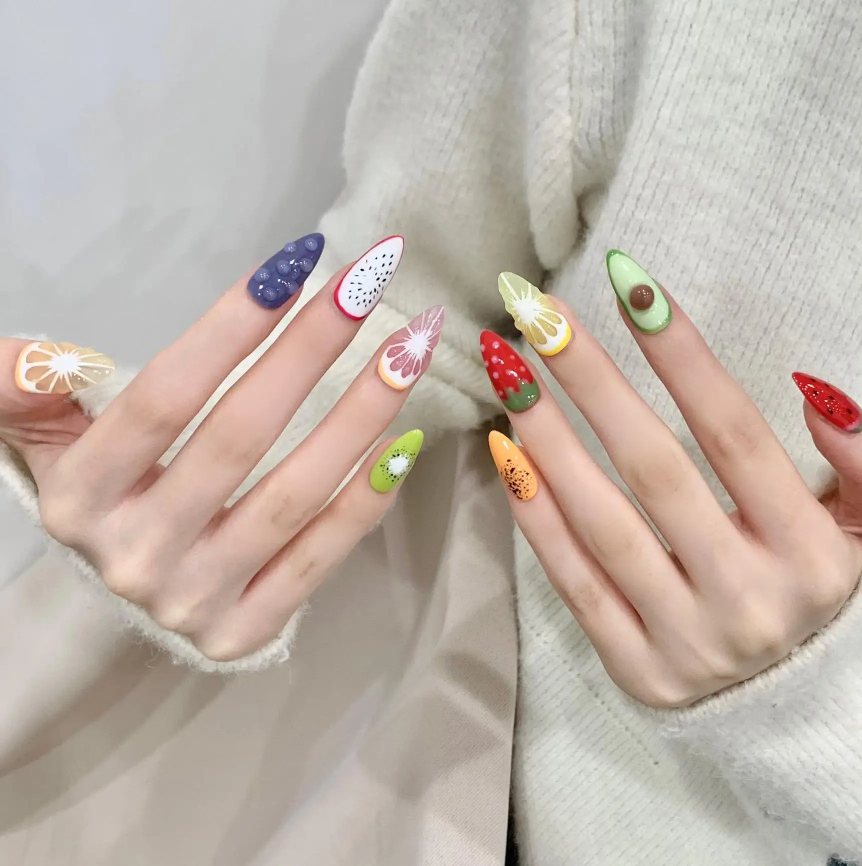 10Pcs Handmade Press On Nails Full Cover Summer 3D Fruit Cartoon Cute Design False Nails Artificial Wearable Nail Tips