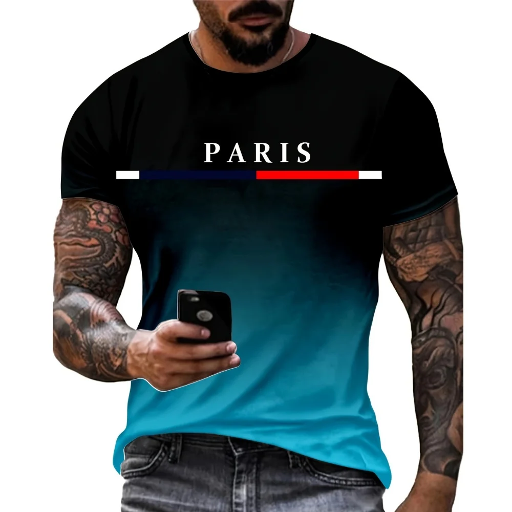 Camiseta de moda para hombre, Camisetas estampadas en 3D con gráfico de París de Color degradado, camisetas informales de manga corta, ropa de gran