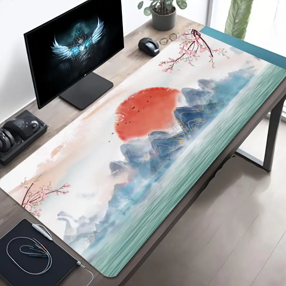 Oriental Ink Mountain Sunrise Deskmat XXL Non-Slip Rubber Gaming Mousepad Peach Blossom Scenery Art Keyboard Office Desk Pad