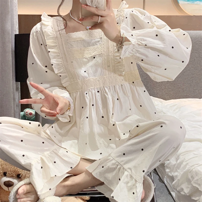 Lace Pajama Set Sweet Dot Print Sleepwear With Full Sleeve Tops And Long Pants