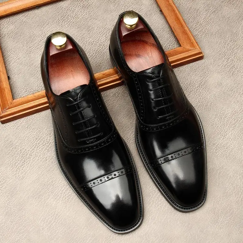 HKDQ Luxury Men Oxford Shoes High Quality Classic Style Dress Leather Shoes Coffee Black Lace Up Pointed Toe Formal Shoes Men