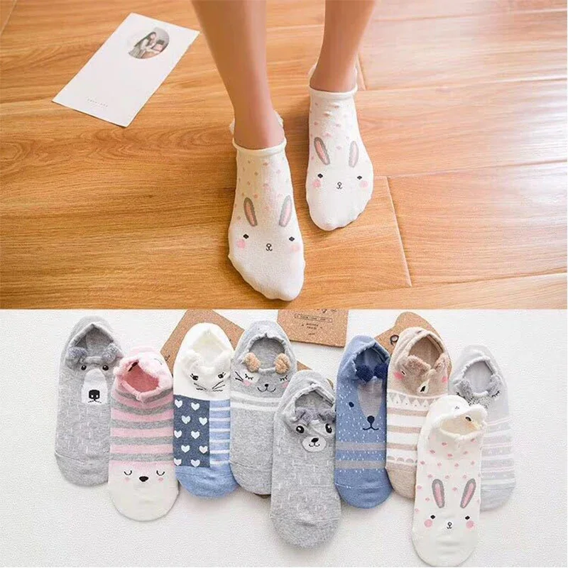 Cute Animal Cartoon Women Socks Cotton Invisible Socks Kawaii Harajuku Stereo Ear Girl Ankle Sock Funny Breathable Sock