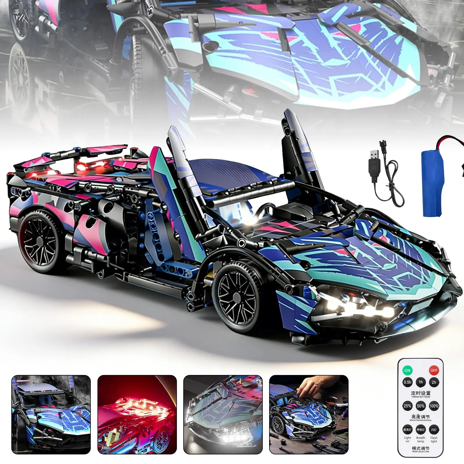 1:14 Maßstab Sportwagen-Bausatz mit LED-Beleuchtung. Ein Sammlerstück, ideal als kreatives Geschenk und als Wohndekoration.